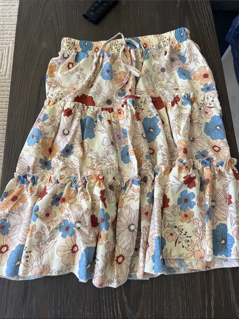 Floral Tiered Midi Skirt in Cream with Blue & Rust Flowers